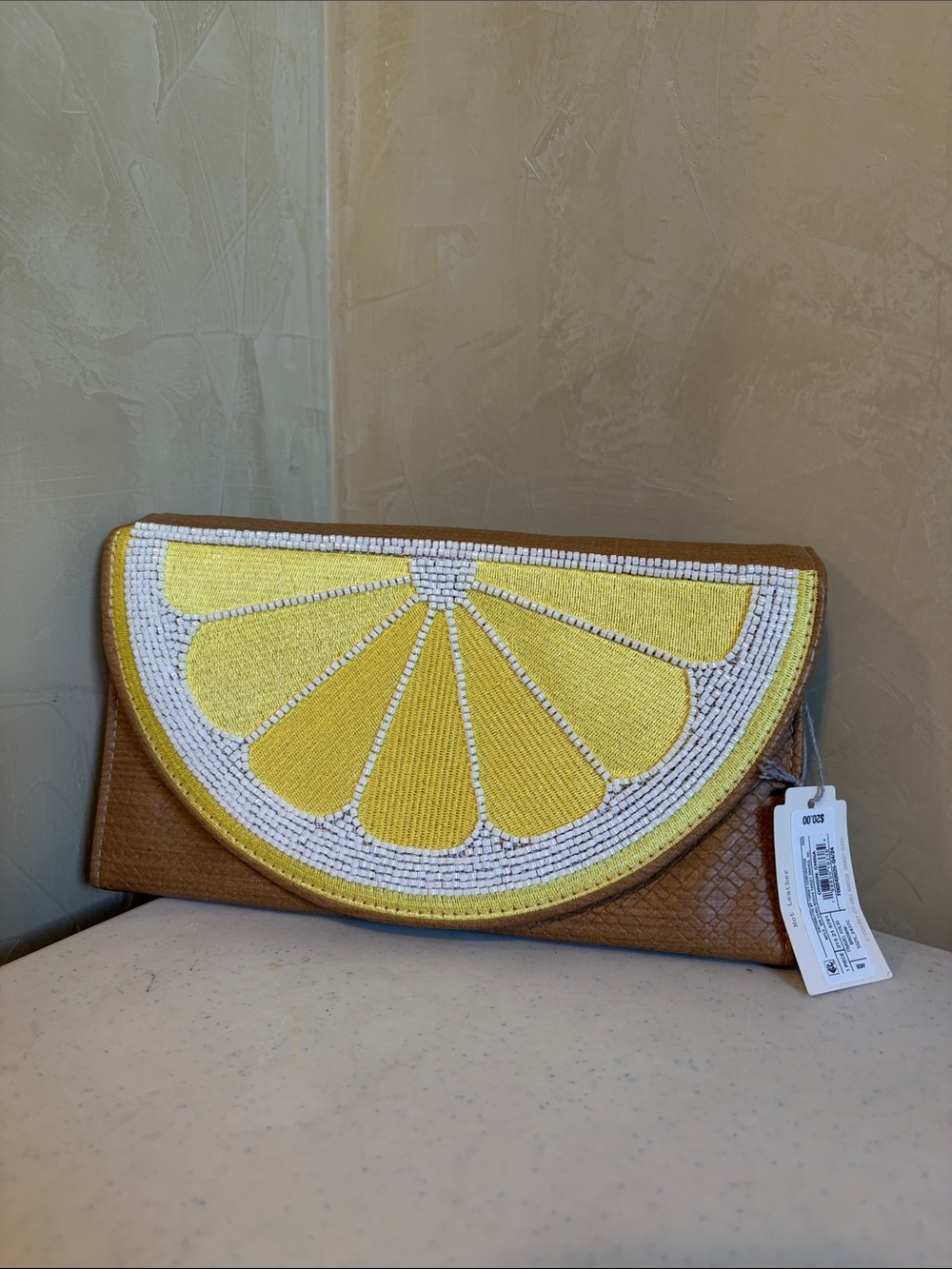 a new day Yellow & Tan Lemon Slice Beaded Clutch